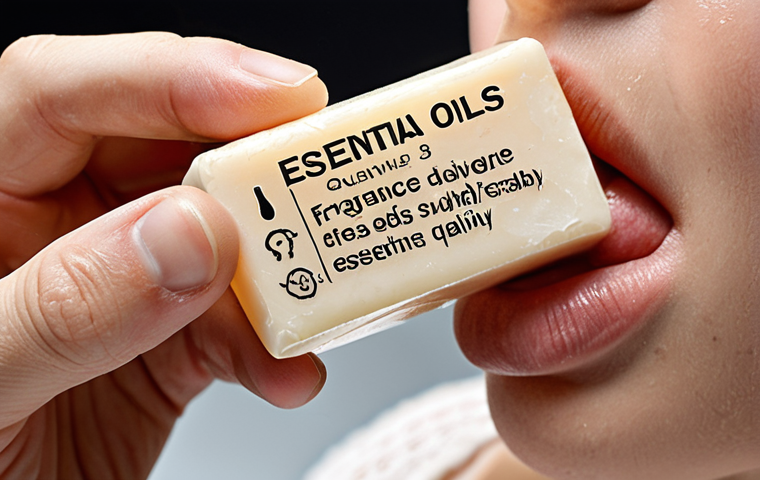 **
Close-up of a hand carefully examining a soap ingredient list. Focus on words like "essential oils," "fragrance," and symbols indicating natural vs. synthetic. A slight frown on the person's face suggests concern.
**