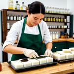 A focused artisan, fully clothed in a modest, professional apron over appropriate attire, carefully measuring natural oils and botanicals in a well-lit, clean soap-making workshop. The scene highlights the meticulous process of crafting natural soap, with well-formed hands and perfect anatomy engaged in the task. Various heat-resistant containers and essential oil bottles are neatly arranged on a workbench. The overall composition is clean, professional photography, appropriate content, safe for work, and family-friendly, showcasing a dedication to quality and craftsmanship.