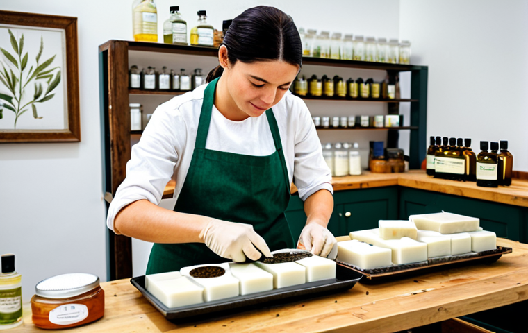 A focused artisan, fully clothed in a modest, professional apron over appropriate attire, carefully measuring natural oils and botanicals in a well-lit, clean soap-making workshop. The scene highlights the meticulous process of crafting natural soap, with well-formed hands and perfect anatomy engaged in the task. Various heat-resistant containers and essential oil bottles are neatly arranged on a workbench. The overall composition is clean, professional photography, appropriate content, safe for work, and family-friendly, showcasing a dedication to quality and craftsmanship.