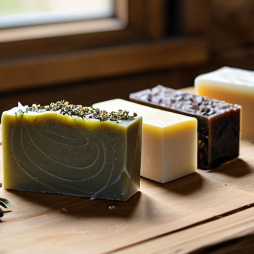 Home 8 A close-up shot of various handcrafted natural soap bars, showcasing their unique textures and natural colors derived from ingredients like olive oil, shea butter, and dried herbs. The soaps are meticulously arranged on a rustic wooden surface in a bright, clean artisan workshop, emphasizing authenticity and craftsmanship. In the blurred background, subtle elements like small bottles of essential oils and dried botanicals are visible, hinting at the purity of ingredients. The scene is bathed in soft, natural light, creating a warm and inviting atmosphere. Professional photography, high quality, ultra detailed, safe for work, appropriate content, modest, perfect anatomy, correct proportions.