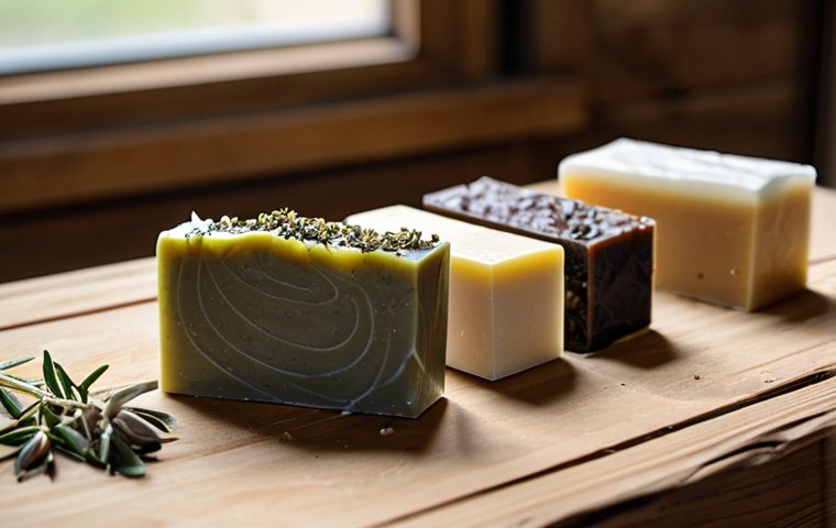A close-up shot of various handcrafted natural soap bars, showcasing their unique textures and natural colors derived from ingredients like olive oil, shea butter, and dried herbs. The soaps are meticulously arranged on a rustic wooden surface in a bright, clean artisan workshop, emphasizing authenticity and craftsmanship. In the blurred background, subtle elements like small bottles of essential oils and dried botanicals are visible, hinting at the purity of ingredients. The scene is bathed in soft, natural light, creating a warm and inviting atmosphere. Professional photography, high quality, ultra detailed, safe for work, appropriate content, modest, perfect anatomy, correct proportions.