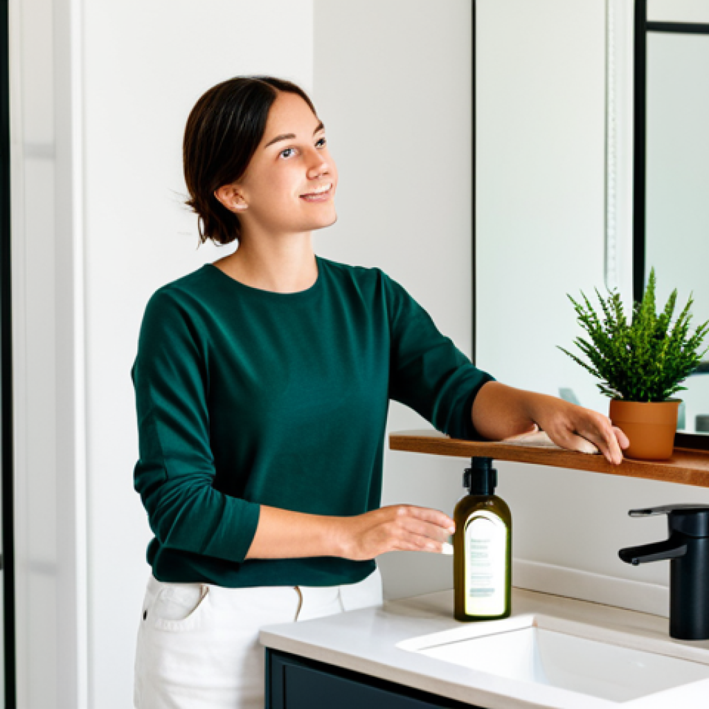 A young adult in a modest, comfortable yet professional top, standing in a brightly lit, minimalist bathroom. The counter displays eco-friendly personal care items like a solid shampoo bar, a reusable glass bottle, and a small potted green plant. The background is clean and uncluttered, emphasizing a sense of calm and sustainability. This image should be fully clothed, appropriate attire, modest clothing, safe for work, appropriate content, family-friendly, perfect anatomy, correct proportions, natural pose, well-formed hands, proper finger count, natural body proportions, professional photography, high quality.