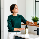 A young adult in a modest, comfortable yet professional top, standing in a brightly lit, minimalist bathroom. The counter displays eco-friendly personal care items like a solid shampoo bar, a reusable glass bottle, and a small potted green plant. The background is clean and uncluttered, emphasizing a sense of calm and sustainability. This image should be fully clothed, appropriate attire, modest clothing, safe for work, appropriate content, family-friendly, perfect anatomy, correct proportions, natural pose, well-formed hands, proper finger count, natural body proportions, professional photography, high quality.