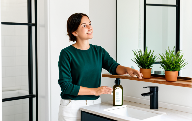 A young adult in a modest, comfortable yet professional top, standing in a brightly lit, minimalist bathroom. The counter displays eco-friendly personal care items like a solid shampoo bar, a reusable glass bottle, and a small potted green plant. The background is clean and uncluttered, emphasizing a sense of calm and sustainability. This image should be fully clothed, appropriate attire, modest clothing, safe for work, appropriate content, family-friendly, perfect anatomy, correct proportions, natural pose, well-formed hands, proper finger count, natural body proportions, professional photography, high quality.